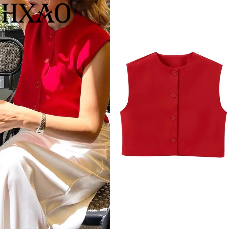 HXAO Short Women Vest Top Sleeveless Button Lady Top New In 2024 Summer O-Neck Fashion Casual Elegant Office Women Clothing