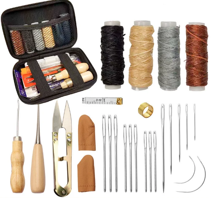 Lederhandwerk Werkzeuge Set: Näh- und Reparaturset mit gewachstem Faden, Nadel und Spreizer für Anfänger und Profis