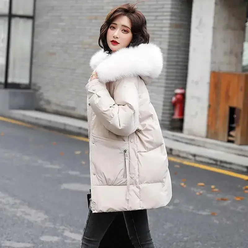 Women 2024 Down Jacket Women Winter New Hooded Fur Collar Mid-length Thick Winter Waist Korean Version Loose Coat
