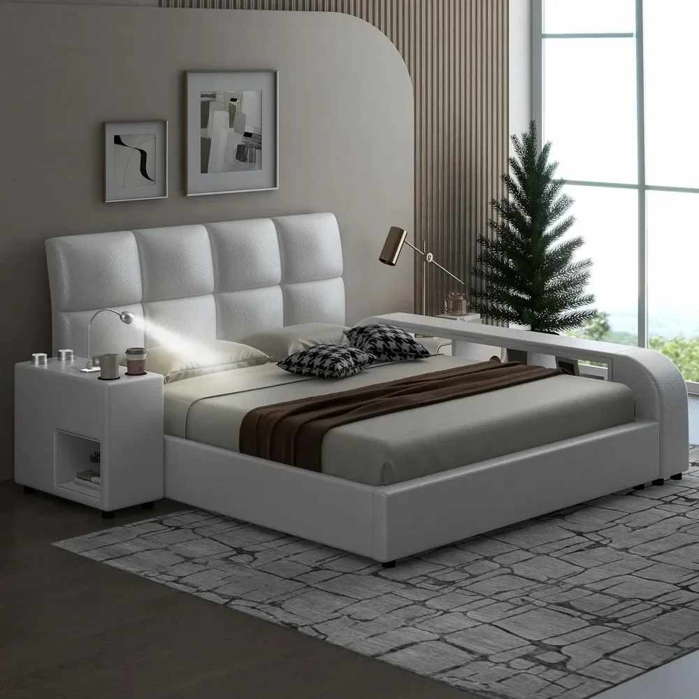 Queen Size Smart Bed Frame with Storage Shelves and Multimedia Nightstand, Upholstered Platform Bed with Headboard and Light 3