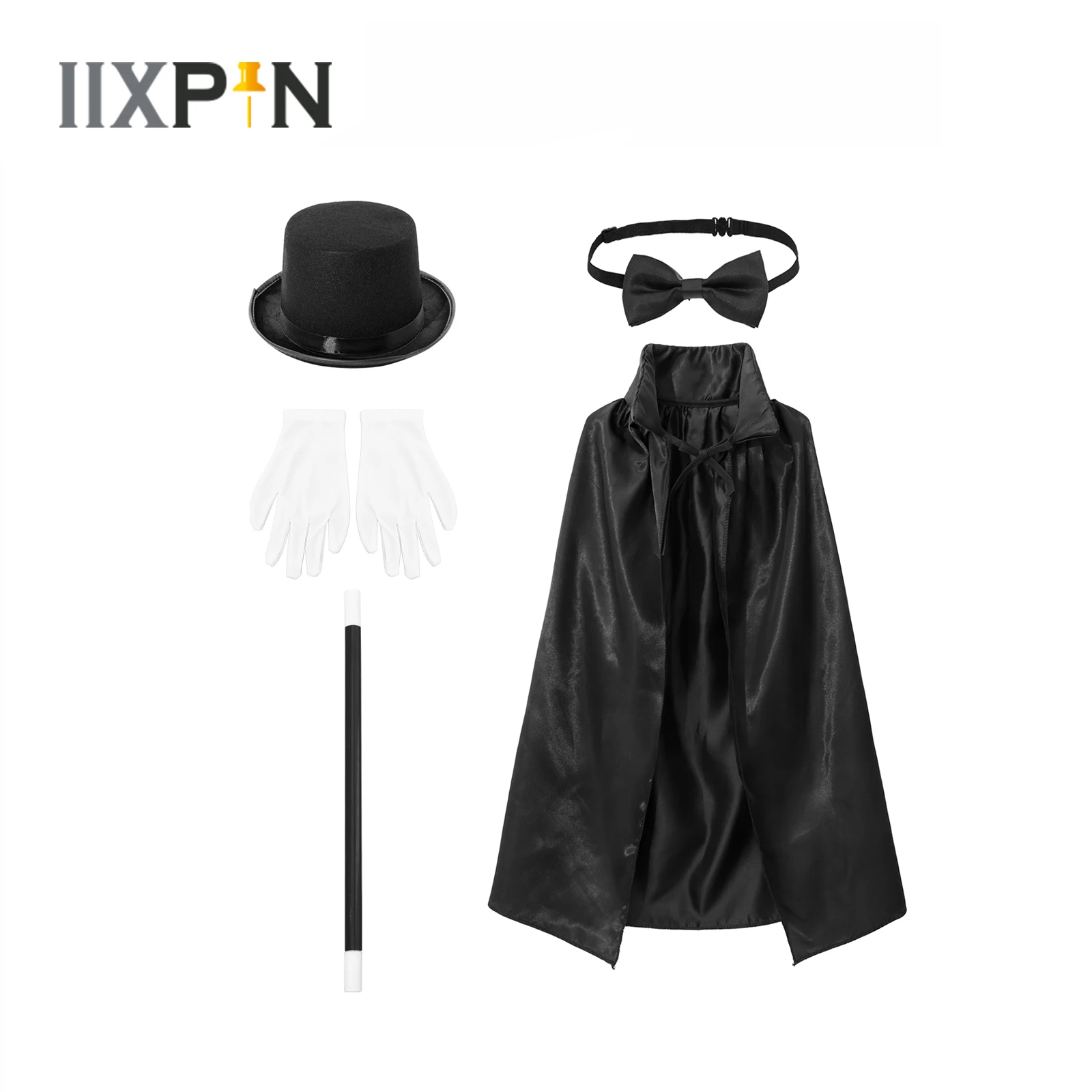 

Halloween Kids Magician Role Play Cape Costume Outfit Party Cosplay Props Cape Hat Magic Wand White Gloves Necktie Sets 5Pcs