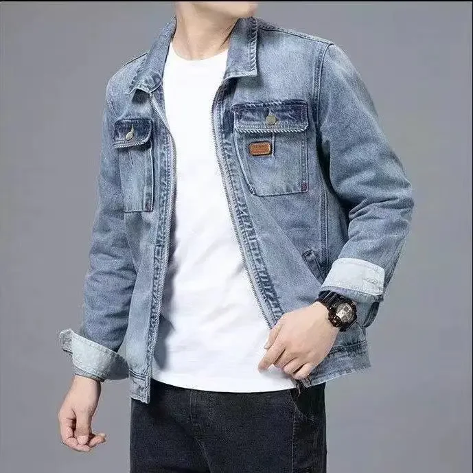 thumbnail image 1 of Abrigo vaquero con cremallera en V de alta calidad para hombre, nuevo en chaquetas vaqueras, ropa de marca de lujo elástica de diseñador para hombre, prendas de vestir de moda Joker Rock, 1 of 5