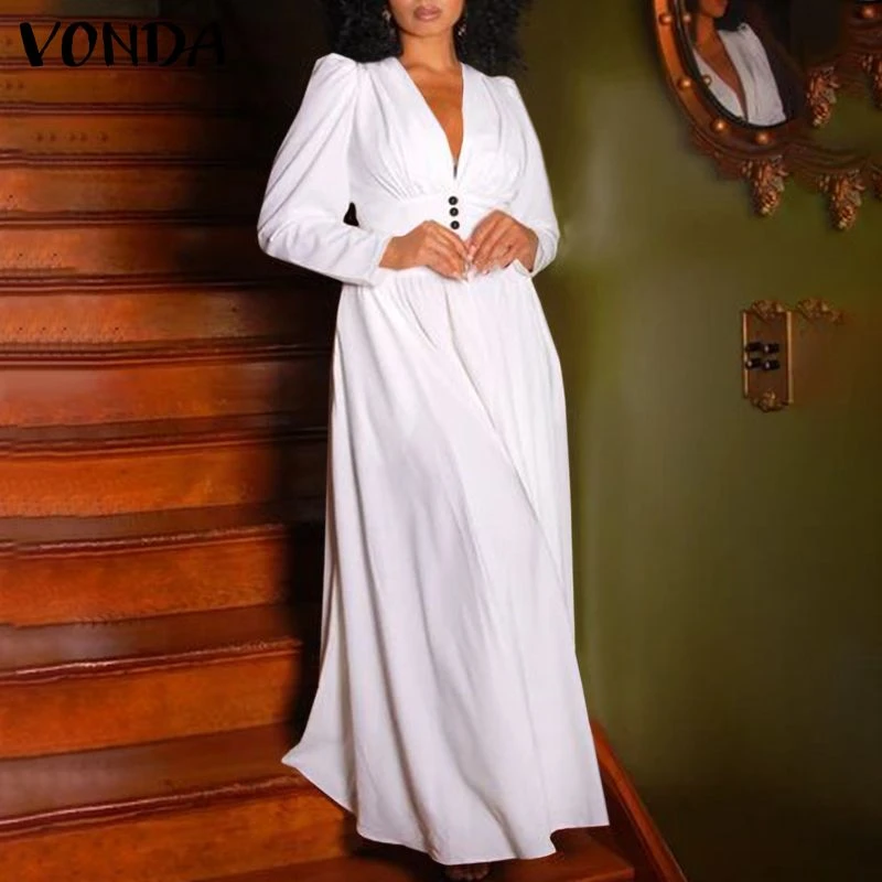 Bohemian Summer Dress 2022 VONDA Lady V Neck Party Long Maxi Dress Puff