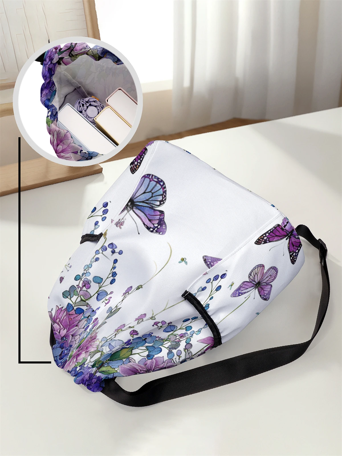 Butterfly Pattern Printed Drawstring Backpack - Large Capacity Durable Fitness Bag, Sports Beach Backpack