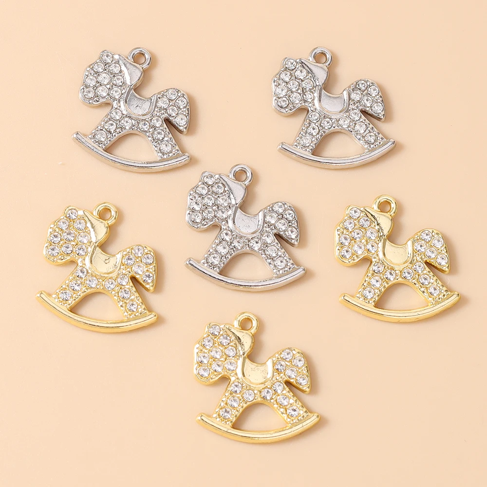 Leslie 10 Stück 17*18mm Gold- und Silberfarbene Kristall-Schaukelpferd-Anhänger für Handgefertigte Niedliche Ohrringe, Halsketten und Schmuckherstellung