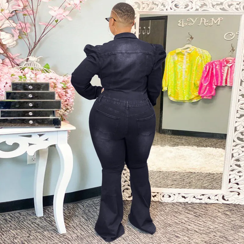 Plus Size Women Jean Jumpsuits Solid V Neck Button One Piece Outfit Autumn Fashion Denim Jumpsuit Female 2023 Spring Flare Pants