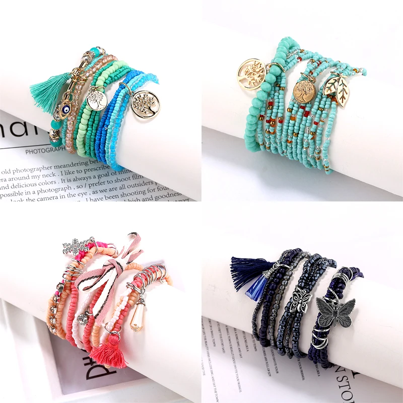 Bracelet jewelry Bohemia Evil Eye Tassel Charm Beads Bracelets Set Bangles For Women Multilayer Crystal Heart Life Tree Charm Wristband Gifts