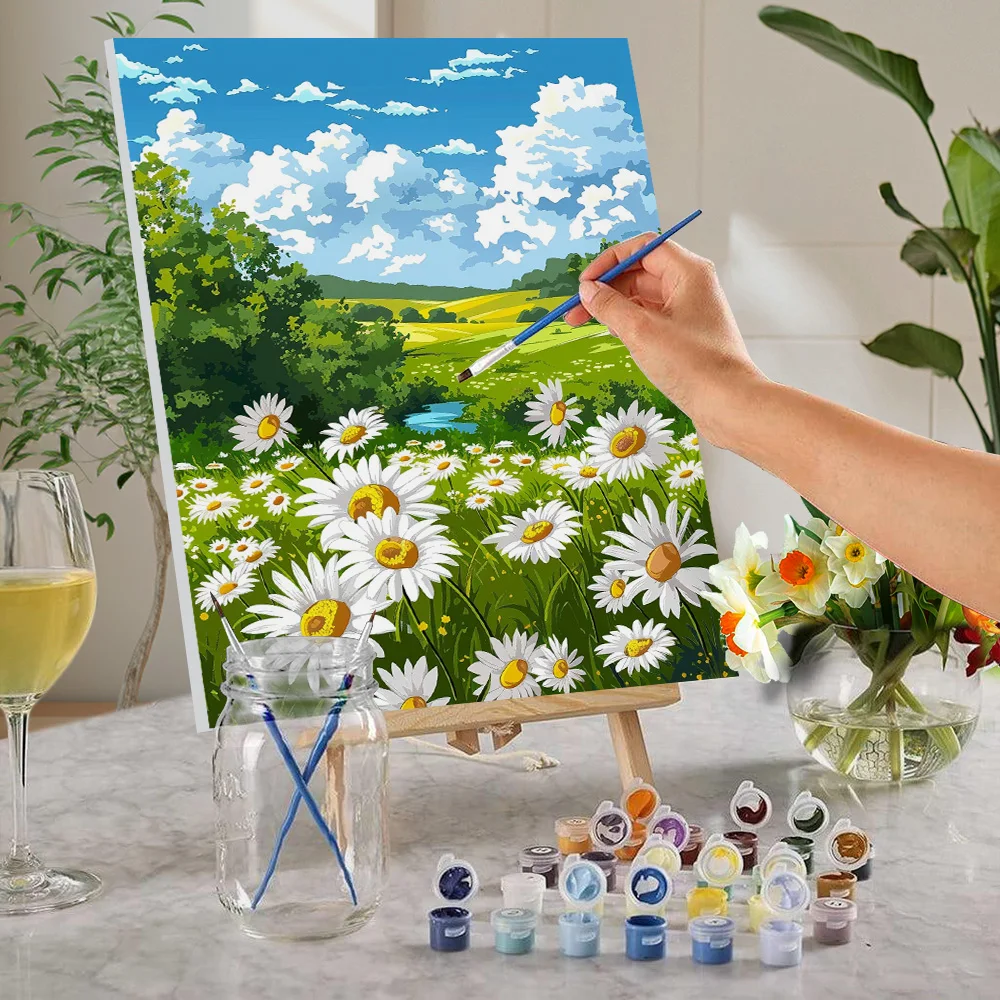 데이지 꽃밭 수제 DIY 페인트, 번호별 아크릴 그림 세트, 방 벽 장식 걸이식 그림, 1 개