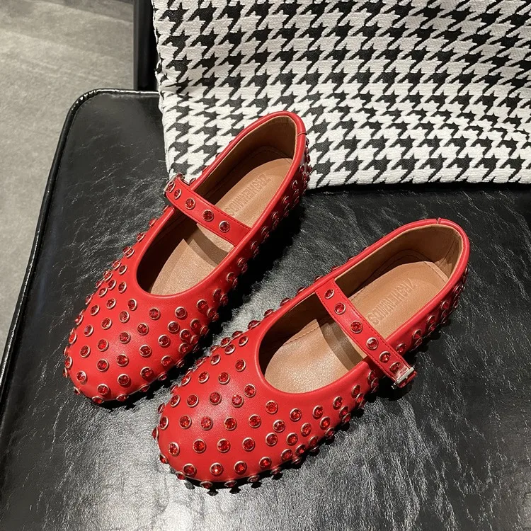 New Genuine Leather Round Head Water Diamond Rivet Mary Jane Single Shoes Women's Flat Bottom Comfortable Ballet Dance Shoes