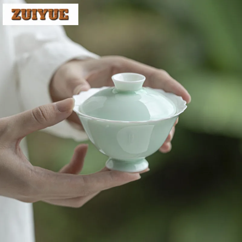 85ml Solid Color Glazed Covered Bowl Boutique Ceramic Flower Mouth Gaiwan Ancient Tea Tureen Tea Brewing Chinese Tableware Gift