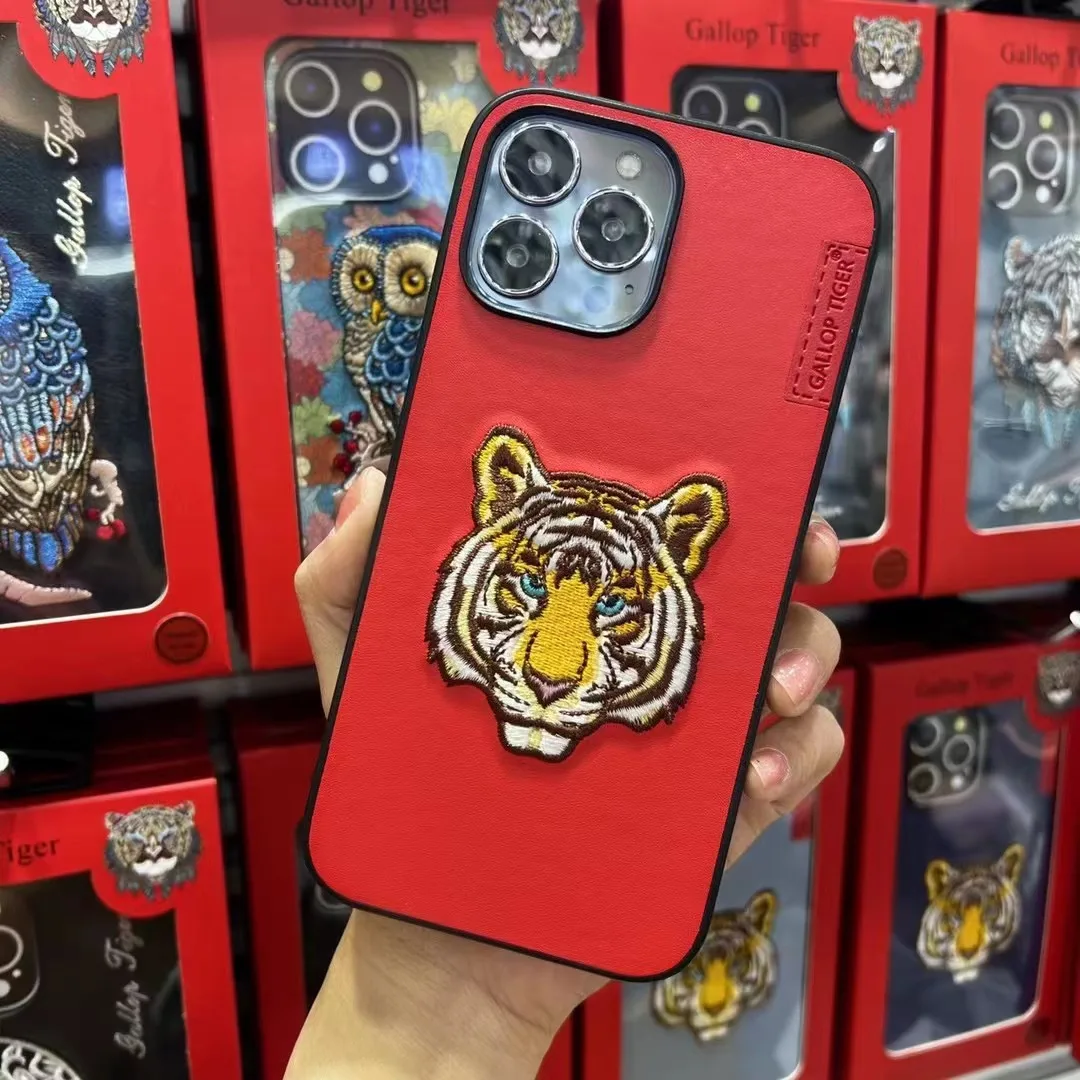 3d bordado bonito gato lobo tigre urso couro caso do telefone para o iphone  14 pro