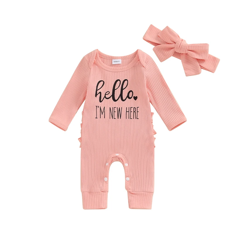 

Fall Clothes Newborn Baby Girl Long Sleeve Romper Jumpsuit Ruffle Ribbed Knit Bodysuit Outfit Headband