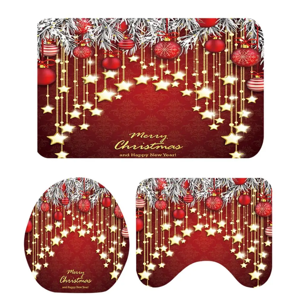 3 Pieces Shower Bathmat Toilet Mat & Cover Bathroom Set Christmas Theme