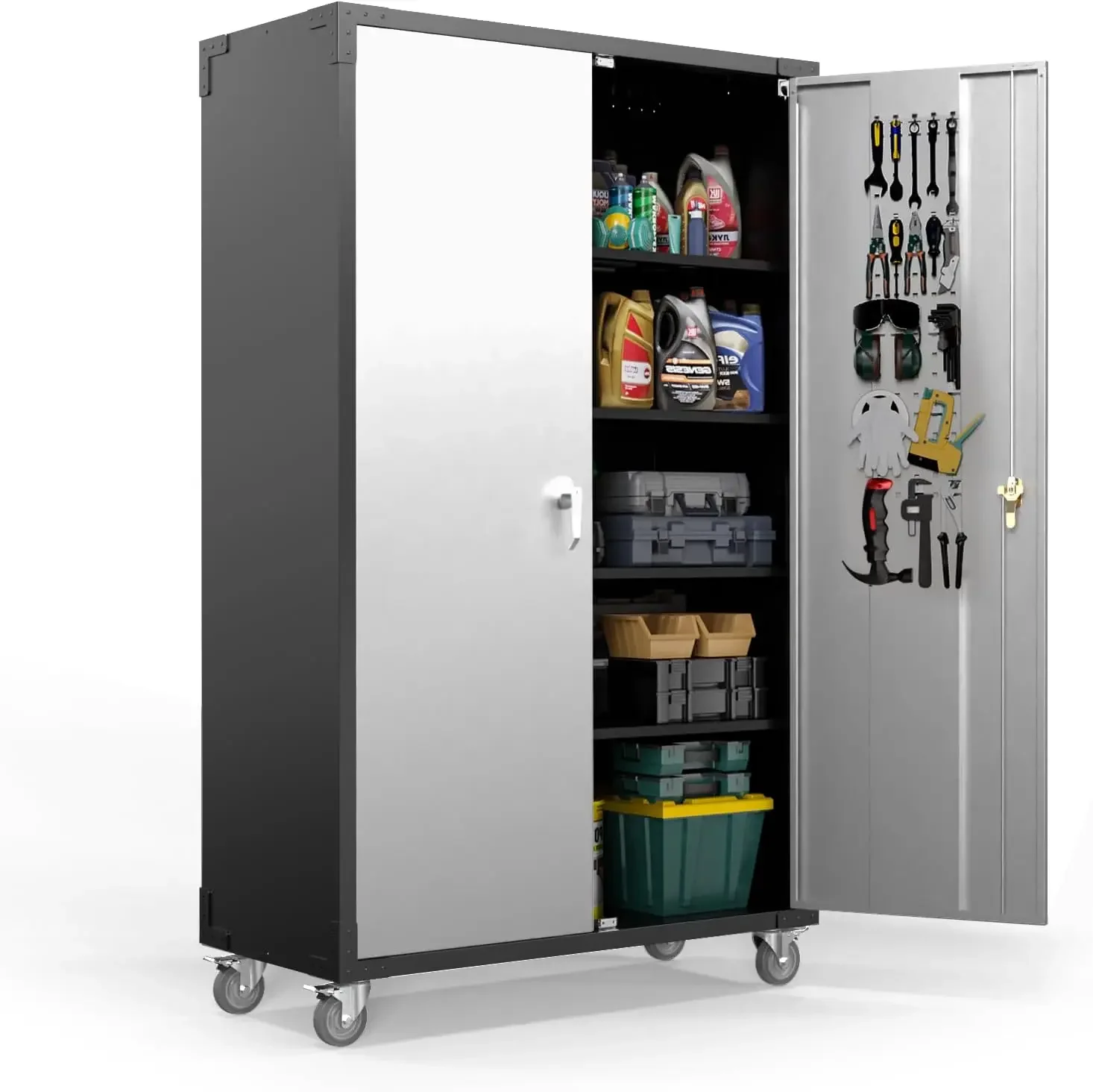 Upgraded Wide & Deep Garage Storage Cabinet Metal Storage Cabinet with Pegboards Wheels Locking Doors and Adjustable Shelves