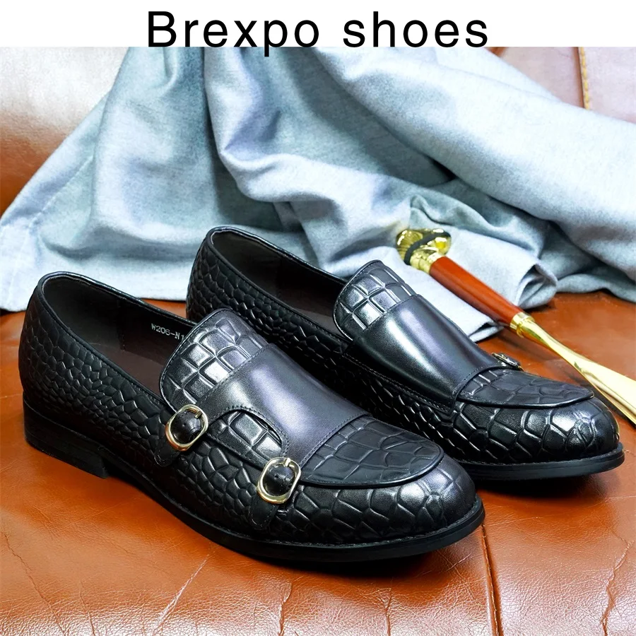 

Genuine Leather Men's Loafers Double Buckle Monk Belt Slip on Handmade Crocodile Leather Shoes Wedding Office Dress Men's Shoes