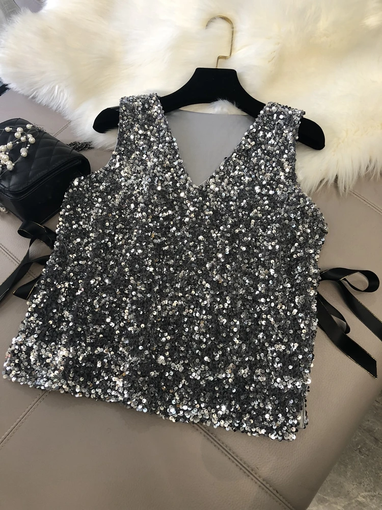 New spring loose velvet lace-up sleeveless sequin vest coat top V-neck loose lace-up 100 bypass heart lace-up jacket women s o neck dress 2023 new fashion summer colorblock contrast sequin bodycon dress daily casual sleeveless midi dress