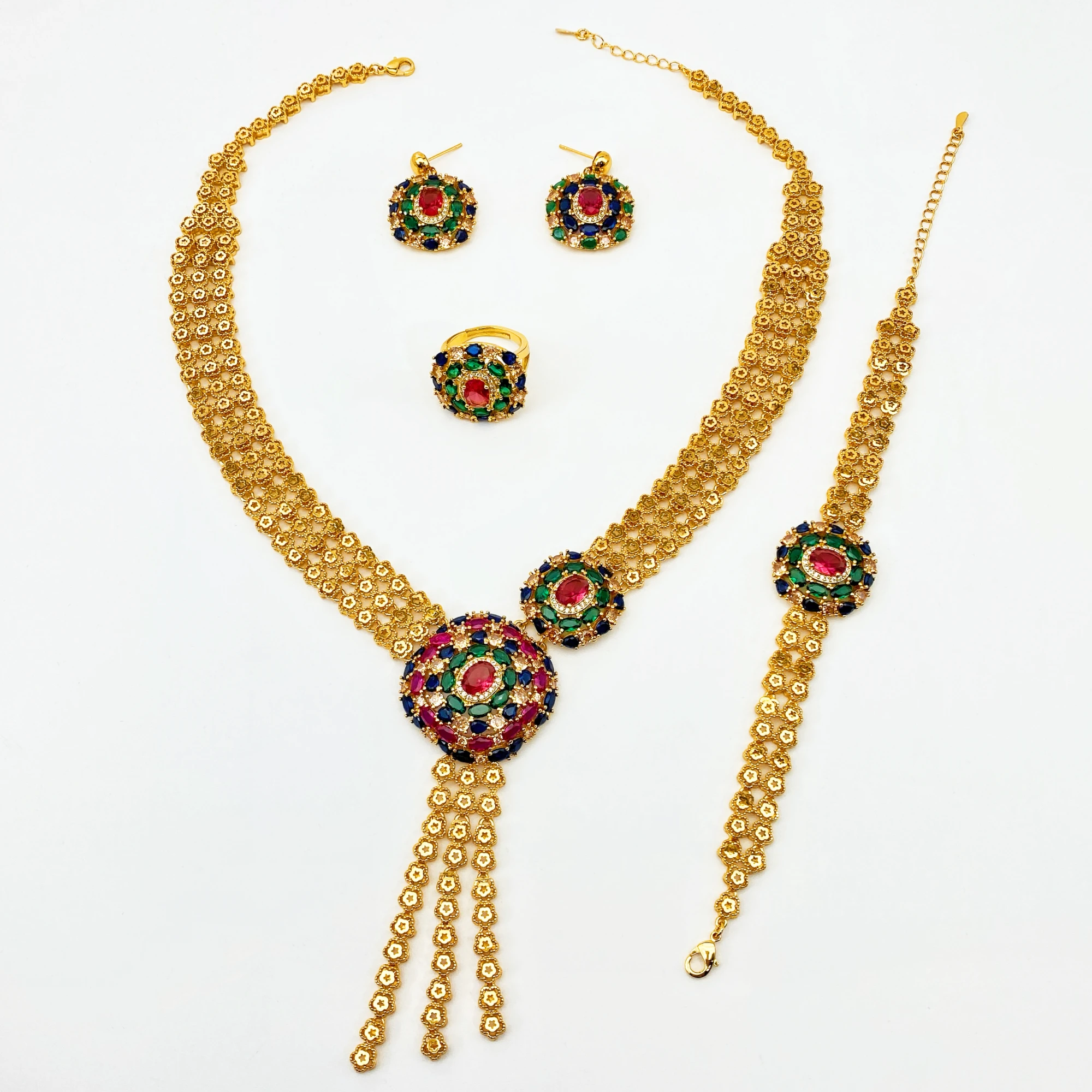 New Fashion Zircon Women's Set Square Drop Jewelry Set Necklace Earrings Ring Bracelet Dubai Saudi Party Engagement Accessories