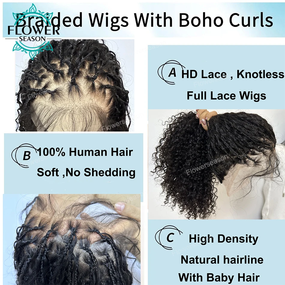 Braided Full Lace Wigs 100% Human Hair Transparen Lace Braided Wig 300%Density Knotless PrePlucked Boho Box Braid Wigs Curly End