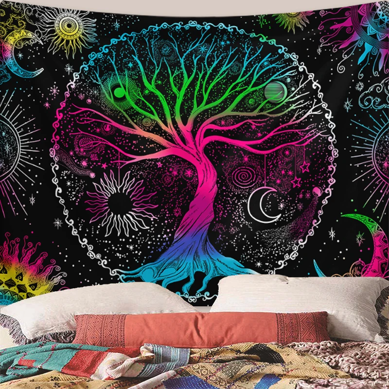 1 Stück Baum des Lebens Wandteppich Wandbehang, ästhetische Galaxie Sonne Mond Sternenhimmel Wandteppich, Zuhause Wohnzimmer Schlafzimmer Dekoration – Detail 6