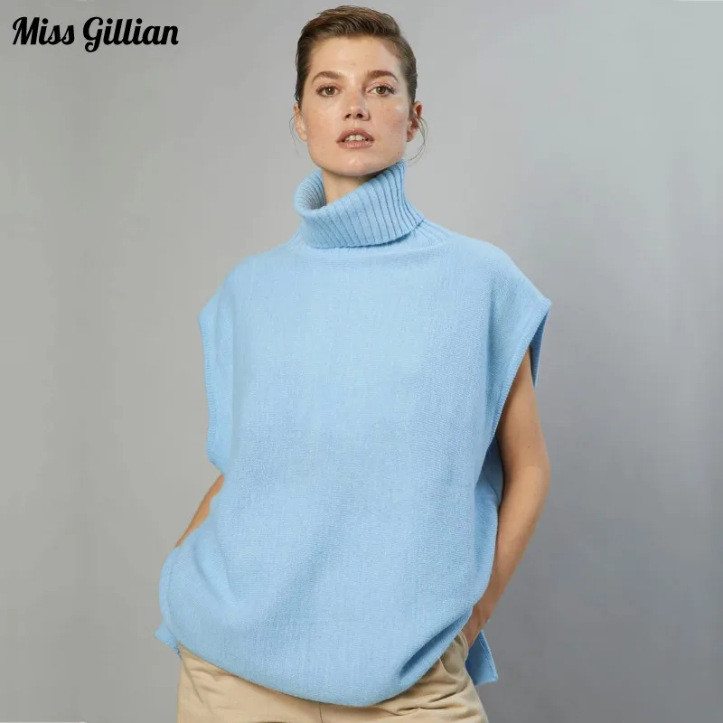 

Sleeveless Turtleneck Sweater Loose Top 2023 New Fashion Streetwear Sweater Solid High Neck Knitted Top Casual Pullover Jumpers