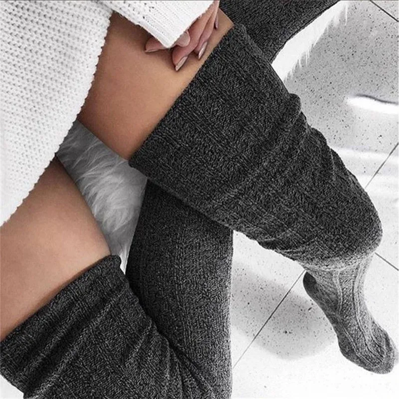 Autumn Winter Over Knee Socks Women Sexy Stockings Warm Long Boot Knitted Thigh-High Gray Khaki Blue Black Twist Stockings