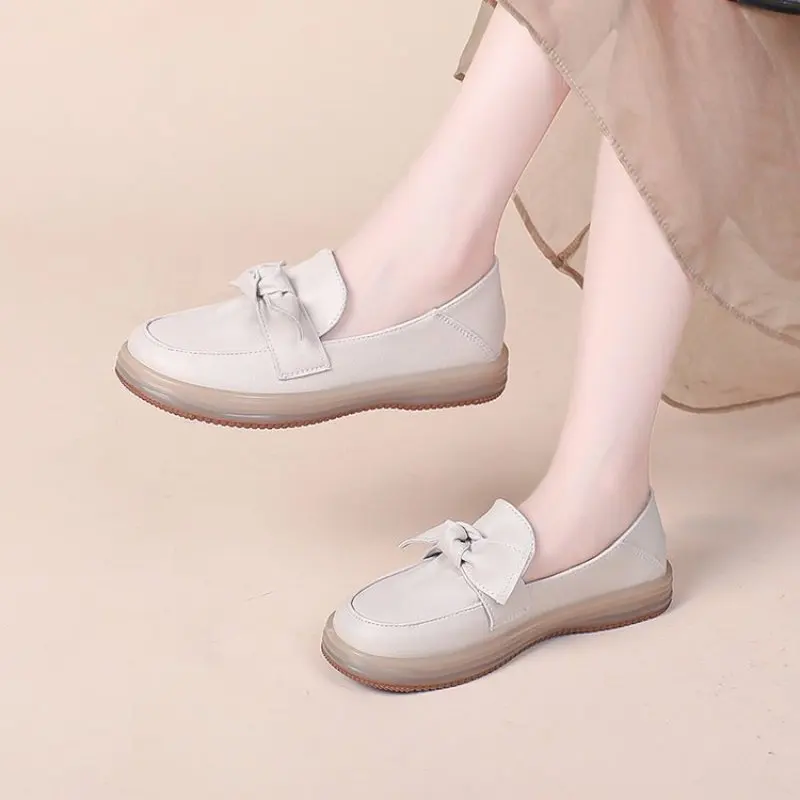 2024 Fashion comfort Women Genuine Cow Leather Flat Shoes Round Toe Bowknot Slip on Ladies Flats Handmade Casual simple