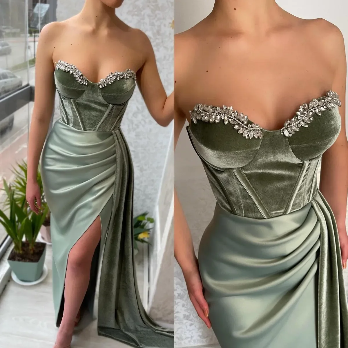 

Luxurious sexy Mermaid crystal sweetheart neckline backless side slit wrap hip floor length evening dress formal PROM party