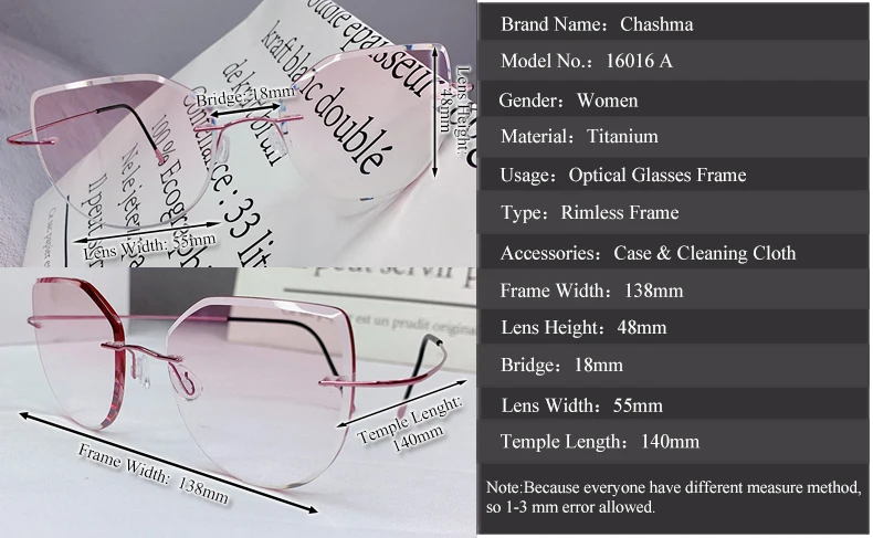 Chashma Women's Rimless Cat Eye Titanium Frame Gradient Color Lens Eyeglasses 16016a