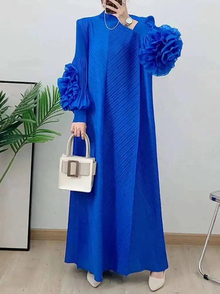 LANMREM Maxi Pleated Dress For Women Wine Red Long Ruffles Sleeves Solid Color Loose Elegant Clothing 2025 Spring New 2DB1827 - Image 6