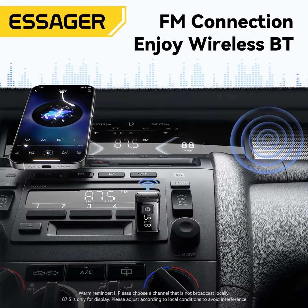 ESSAGER 블루투스 5.4 차량용 어댑터 무선 FM 송신기 오디오 수신기 및 핸즈프리 통화 자동 스테레오 마이크 차량용 어댑터 액세서리