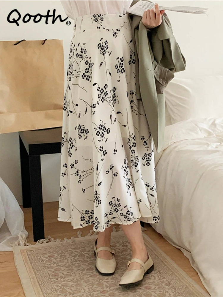 

Qooth Women Plum Blossom Printed A-line Skirt Elegant High Waist Midi Umbrella Skirt for Summer Spring QT2110