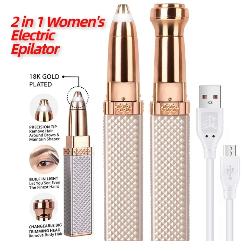 2 in 1 Women's Electric Epilator USB Charging Hair Remover for Women Body Facial Eyebrow Trimmer