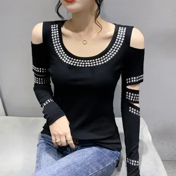 여성용 오프숄더 티셔츠, O넥 펑크 리벳, 짧은 스트릿웨어, 힙합 티셔츠, 긴팔 할로우 아웃 코튼, #8383 블랙