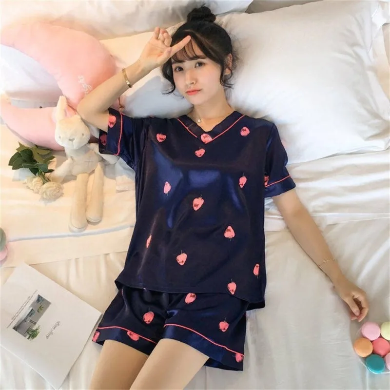 Pajamas Women's Summer Ice Silk V-Neck Short Sleeves Pyjamas Two Piece Suit Kaeva Pajamas Women's Home Clothes Sleepwear