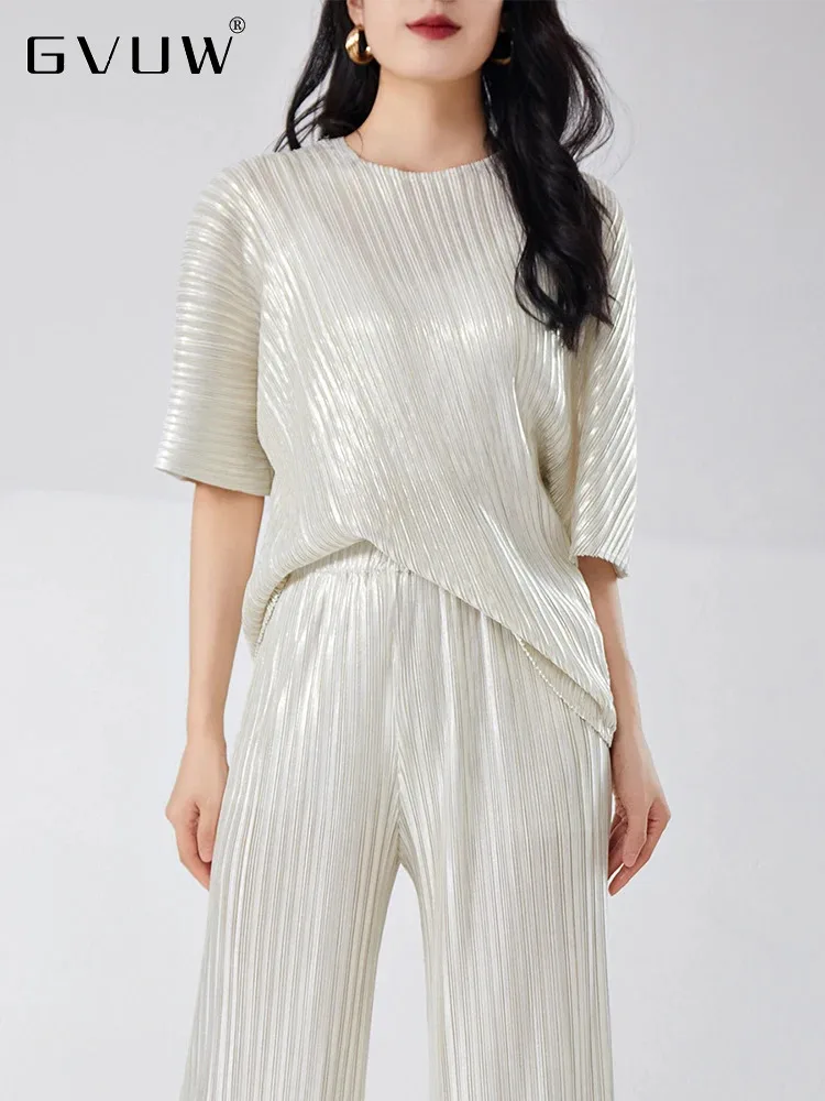 

Женская плиссированная рубашка GVUW с круглым вырезом, полурукавом, однотонная, новинка 2024, Модный женский свободный пуловер, одежда 17G7063