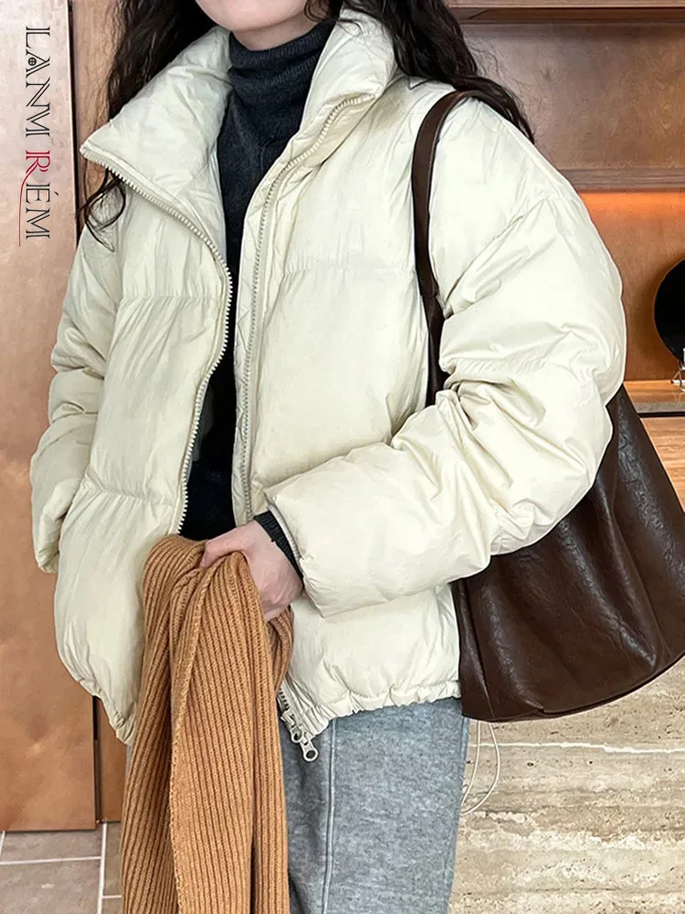 

LANMREM Winter Solid Color Short Cotton Coat Women Stand Collar Pockets Drawstring Design Jackets Fashion 2023 New 2AA3519