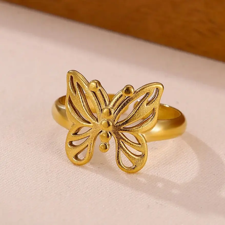 Butterfly Rings Women Gold Stainless Steel Hollow Adjustable Open Ring