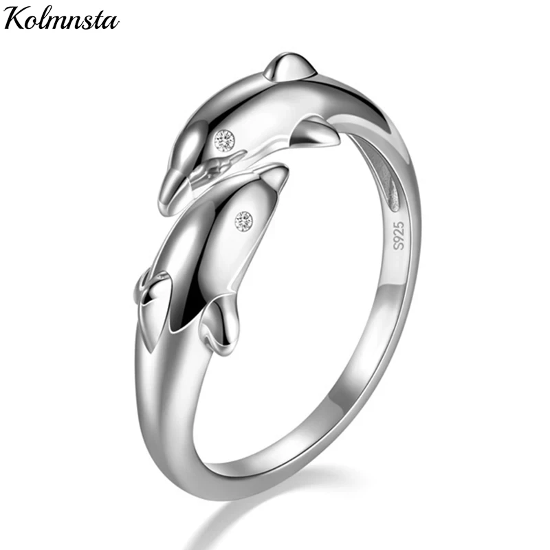 Kolmnsta Genuine 925 Sterling Silver Double Dolphin Love Rings Adjustable Open Ring For Women Girl Fashion Party Wedding Jewelry