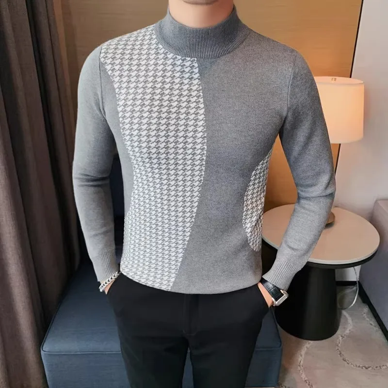British Style Plaid Knitted Sweater Men's 2024 Spring Autumn Slim Fit Casual Business Pullover Mock Neck Knitwear Men Clothing 3