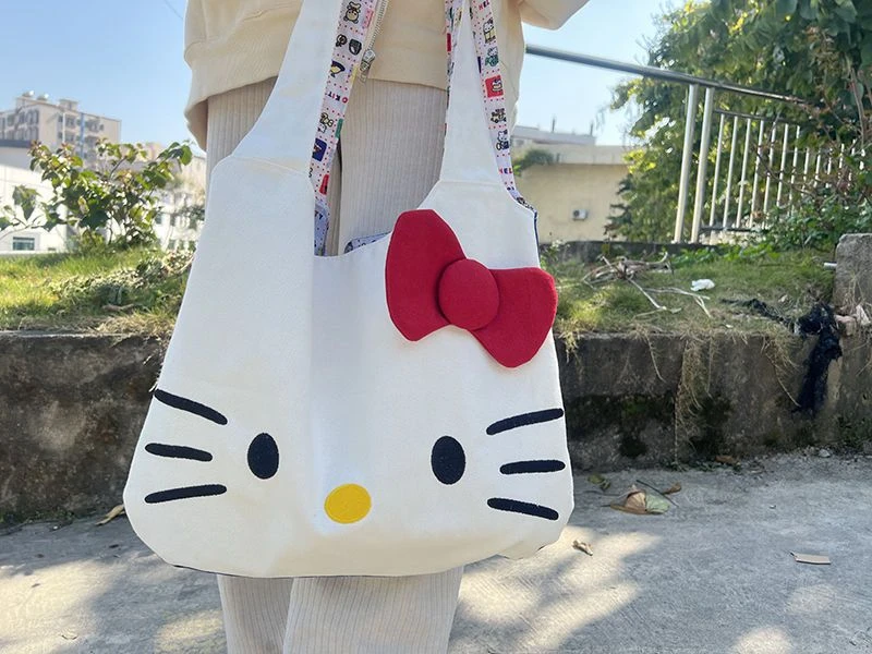 kawaii olá kitty sacos de lona anime kt gato bolsa de ombro feminino casual tote dobrável bolsa grande capatiy saco de armazenamento presente da menina