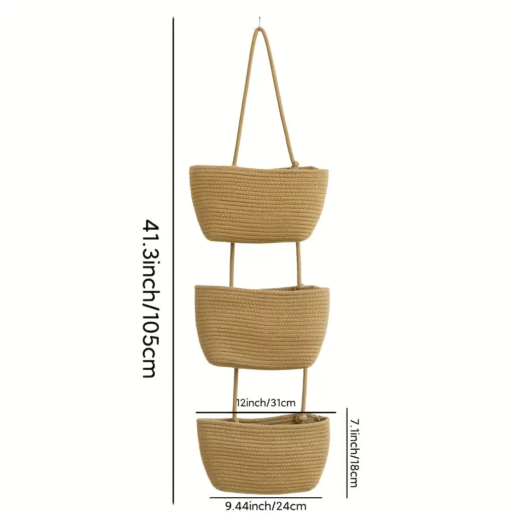 Woven Hanging Baskets 3 Tier Wall Mounted Storage Basket For Living Room