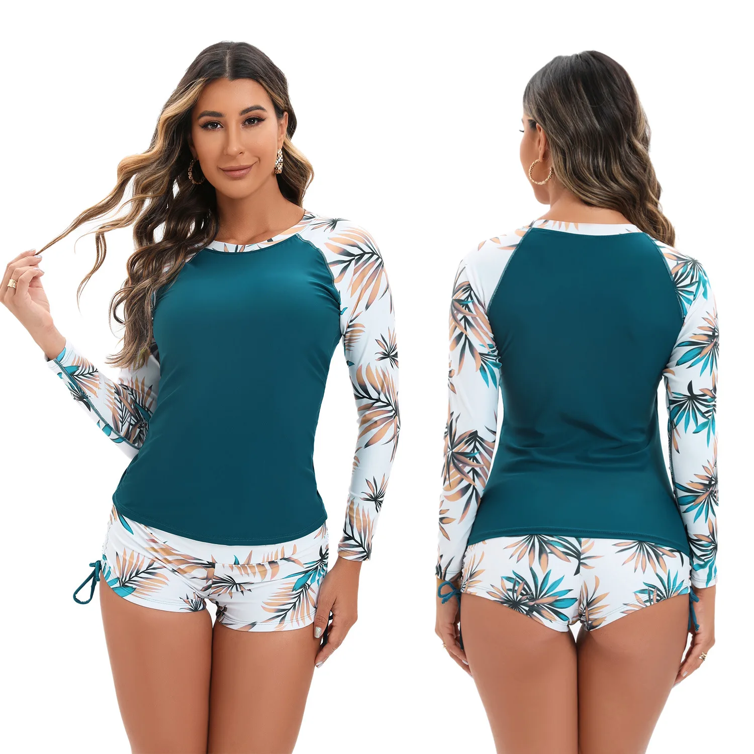

Summer Women Long Sleeved Flat Angle Shorts Rash Guards Surfing Two Piece Separate Suit Bikini Snorkeling Windsurfing Swimwear