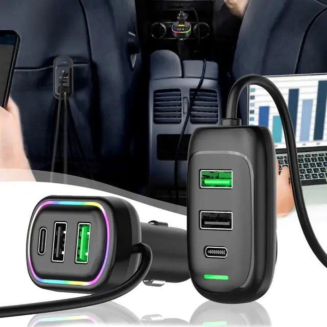 Completo Carregador de carro USB tipo C com luz RGB, 6 portas, 48W, extensão frontal e traseira, carregamento rápido PD, adaptador de energia para telefone, laptop, Z5S8