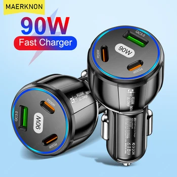 Caricabatteria da auto USB da 90 W Adattatore per telefono da auto a ricarica rapida PD tipo C a 3 porte per iPhone 14 13 Xiaomi Samsung Caricabatterie a ricarica rapida in auto