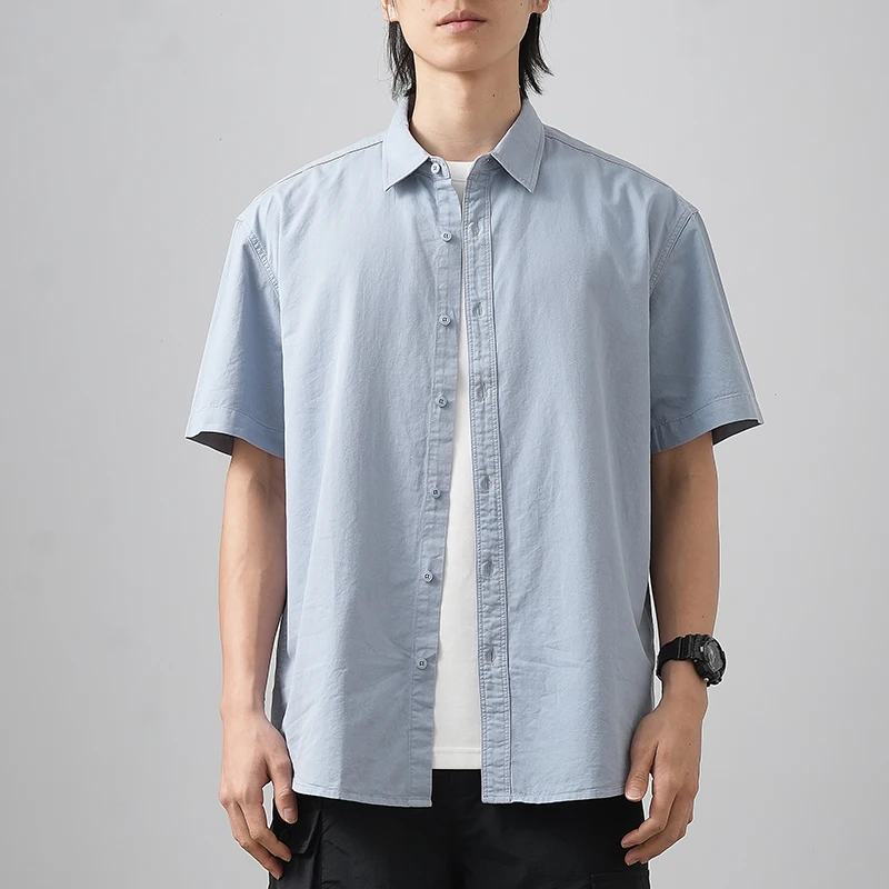 Men Cotton Shorts-Sleeve Shirts Summer Solid Color Turn-Down Collar Formal Shirts White Basic Causal