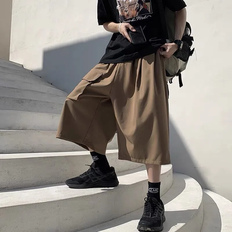 

Calf-length American Retro Pants Women Wide Leg High Street Fashion Pockets Casual Baggy Hipster Unisex Summer Pure Safari Style