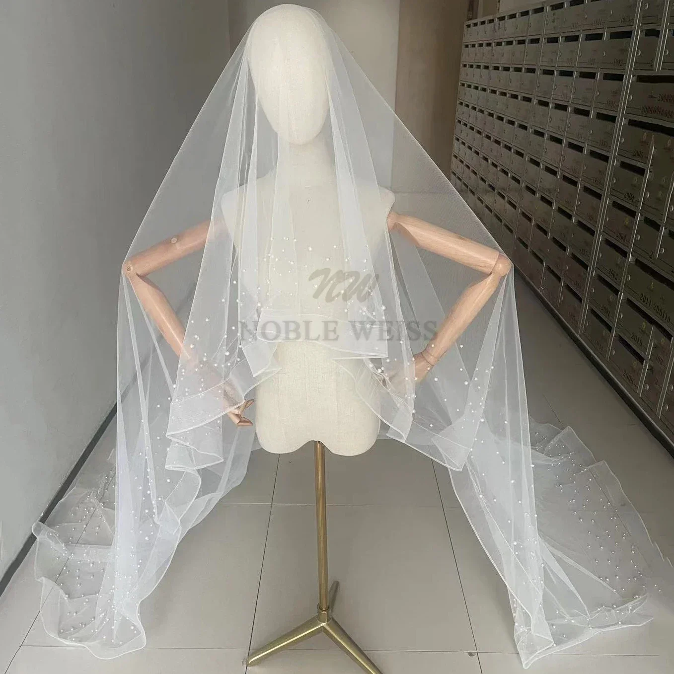 Beaded Wedding Veil One Layer Bride Veil with Stretch Mesh Tulle Veil Accessory 3*3 meters Customized