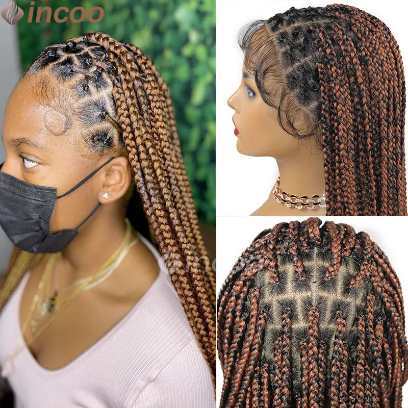 Ombre Blond Full Lace Box Braided Wigs Super Long Crisscross Braids Lace Front Wig Black Women Synthetic Braid Lace Frontal Wigs