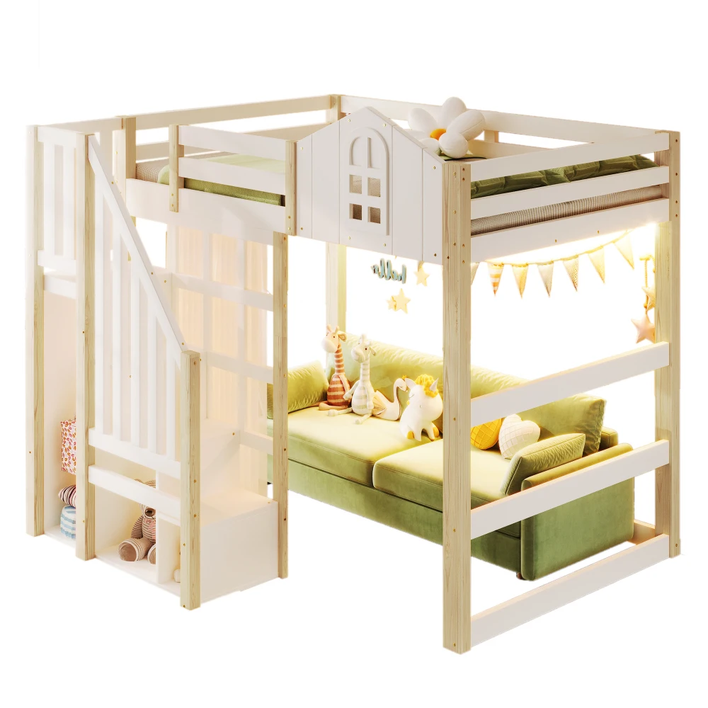 90x200cm Kinderzimmer-Hochbett, mit LED-Leuchten und Gaze, Fensterform, offenes Aufbewahrungsfach, Weiß + Natur (ohne Matratze) – Detail 35