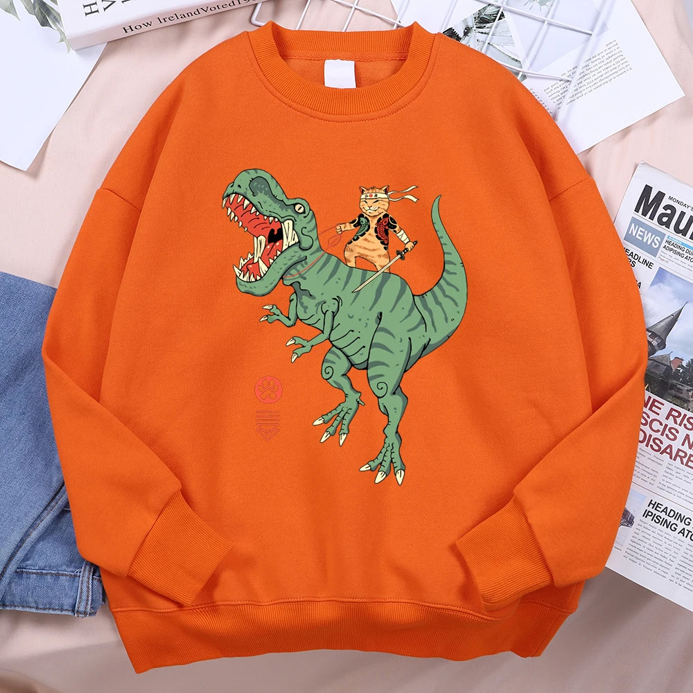Japanese Harajuku Riding Dinosaur Cat Men Women Hoodie Fashion Fleece Hoodies Autumn Casual Clothing Fleece Oversized Streetwear